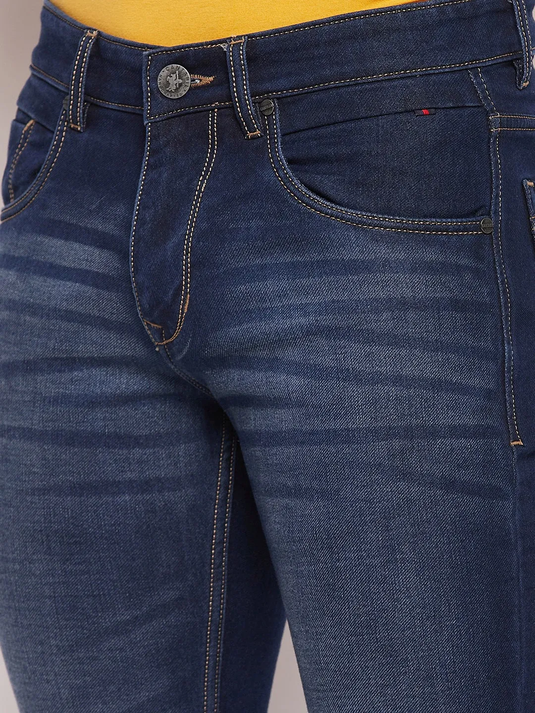 Men's Casual Straight Fit Dark mercerised Blue Medium Fade Mid rise Jeans