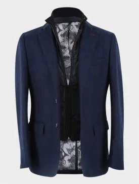Men's Herringbone Navy Coat with Removable Zipper - Navy Blue