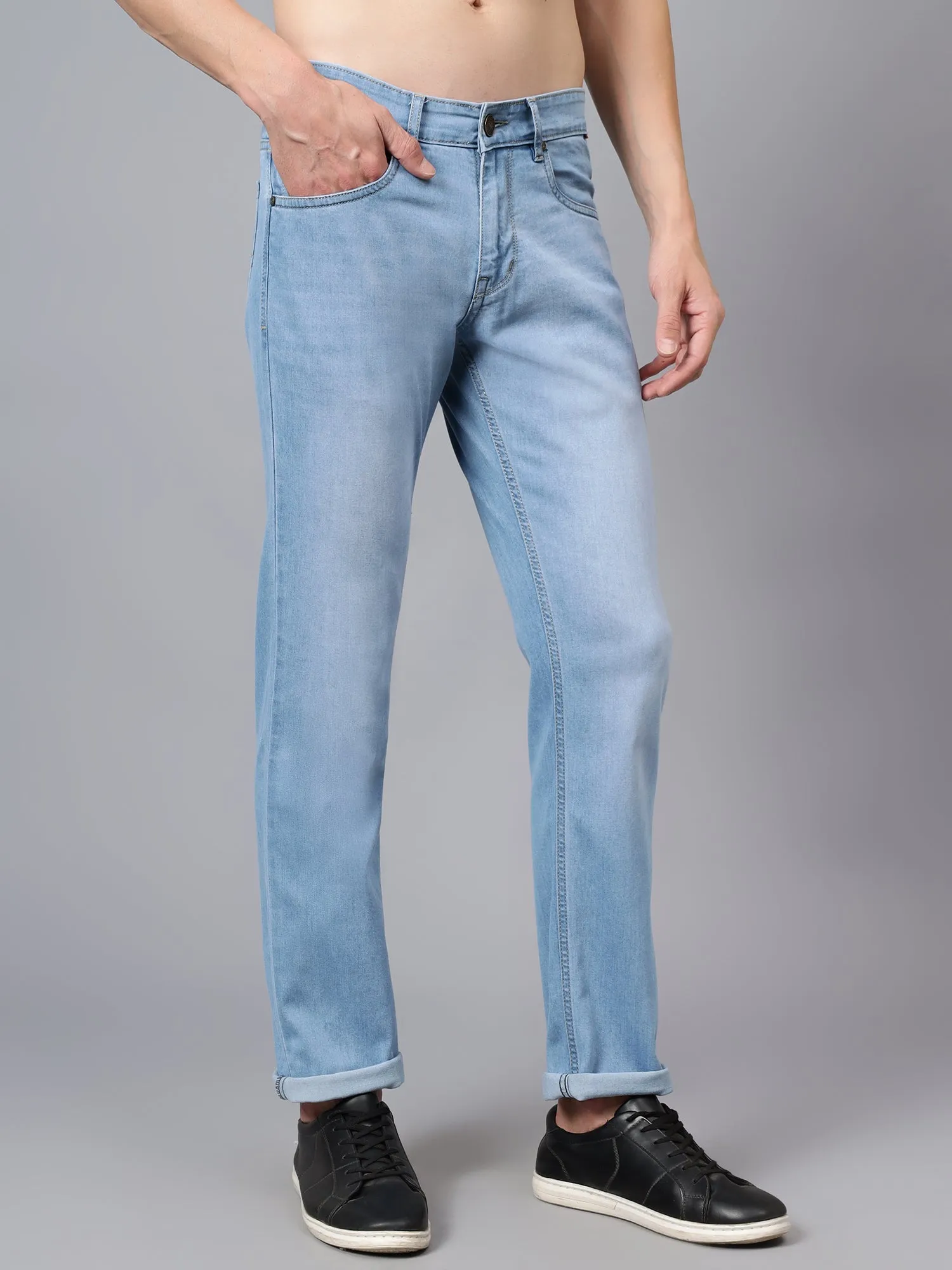 Men's Light Blue Solid Full Length Stretchable Jeans