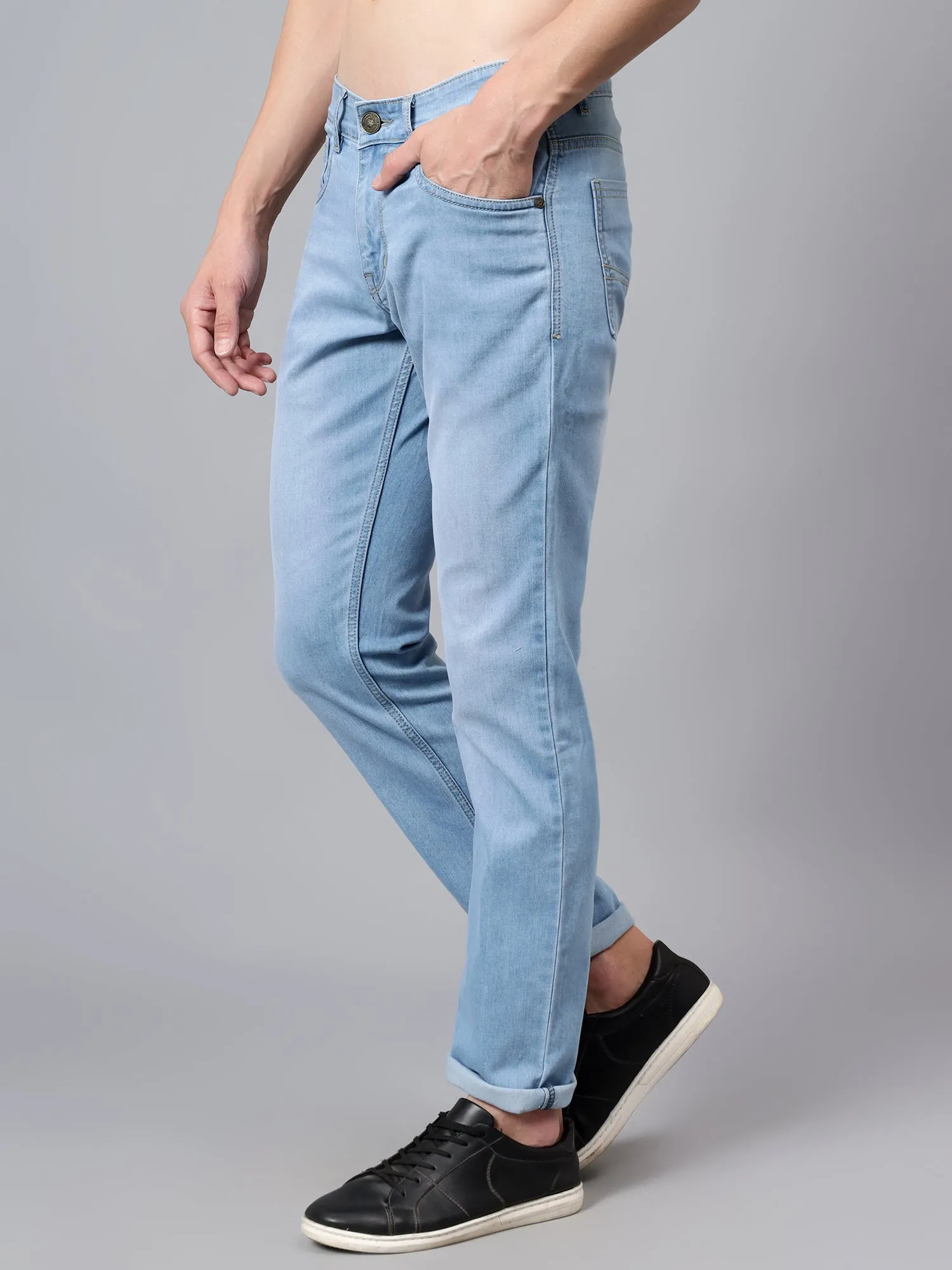 Men's Light Blue Solid Full Length Stretchable Jeans