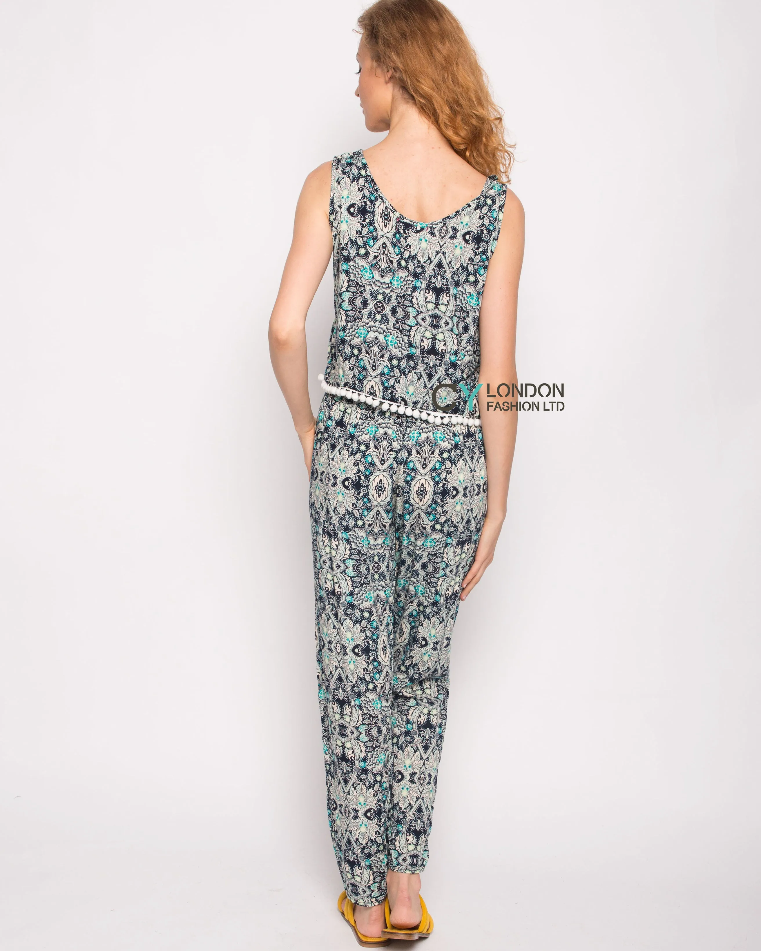 Monochrome print cotton tassel top and trousers suits