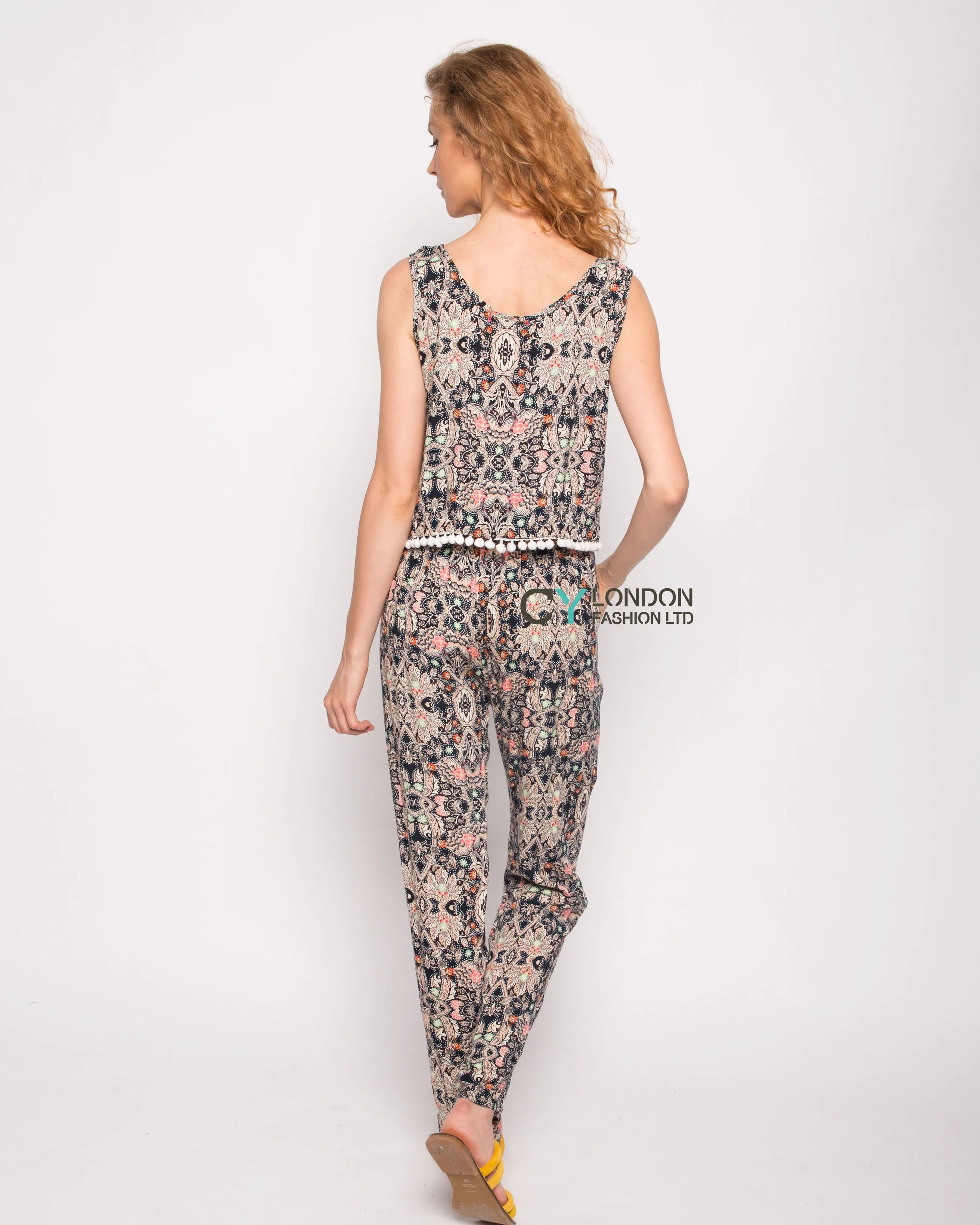 Monochrome print cotton tassel top and trousers suits