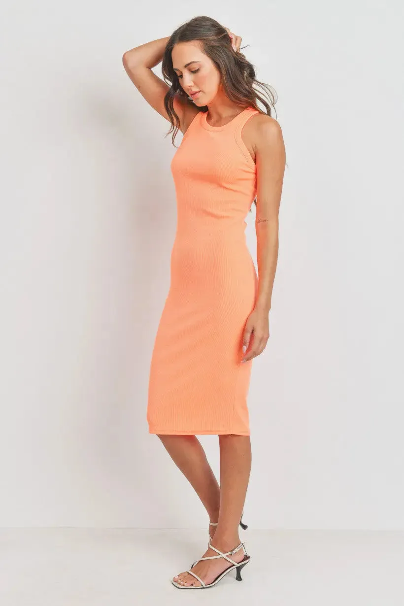 Neon Orange Ribbed Knit Long Dress