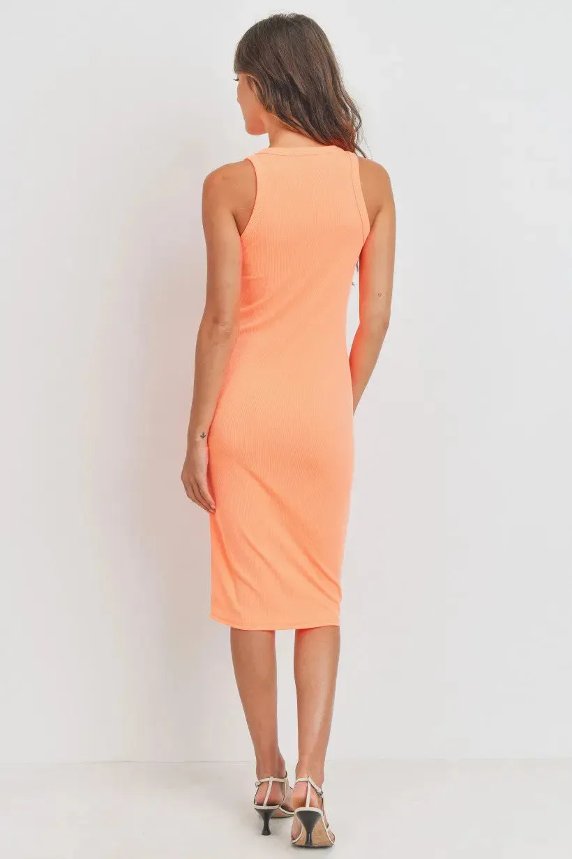 Neon Orange Ribbed Knit Long Dress