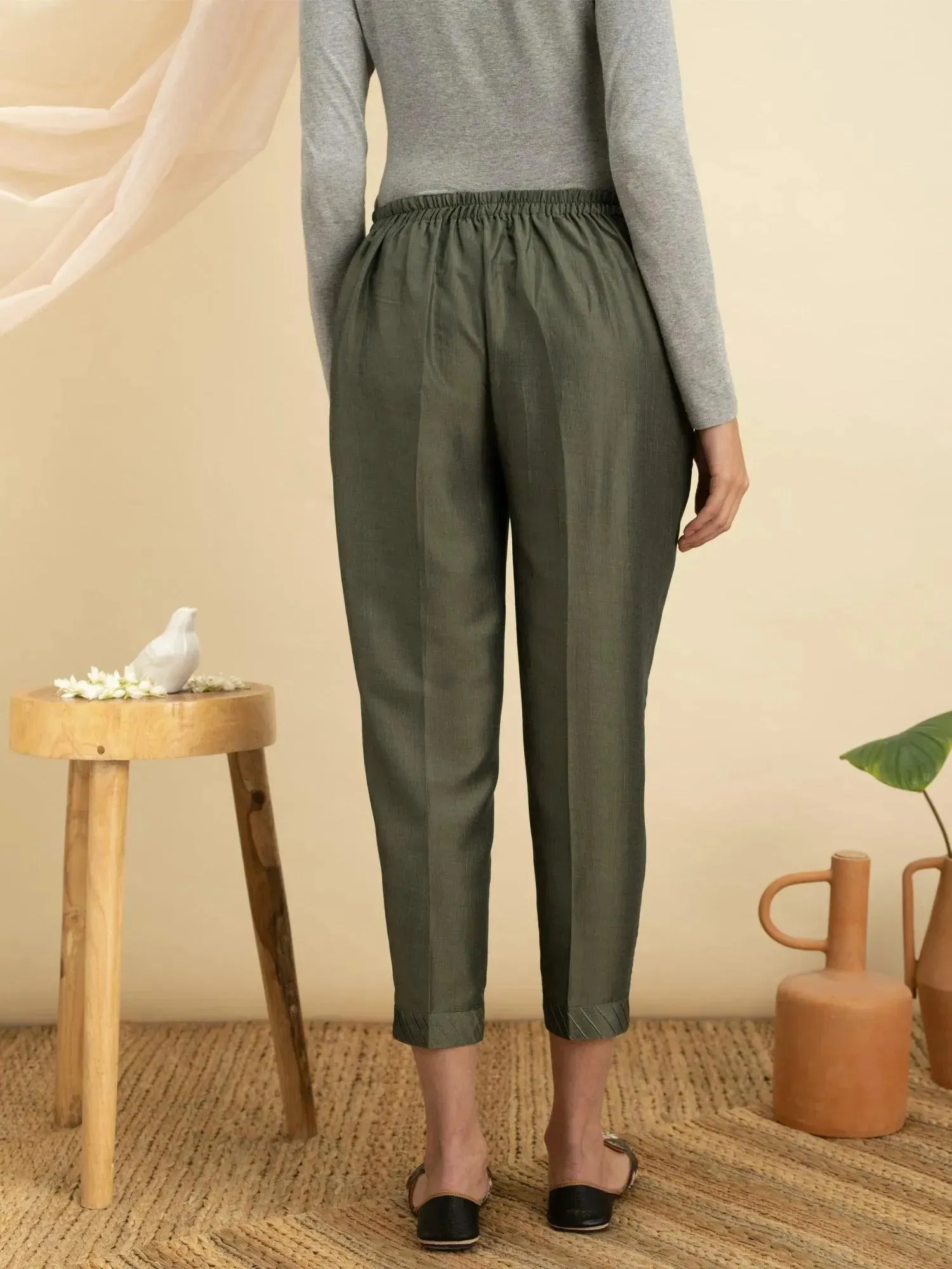 Olive Green Solid Silk Trousers