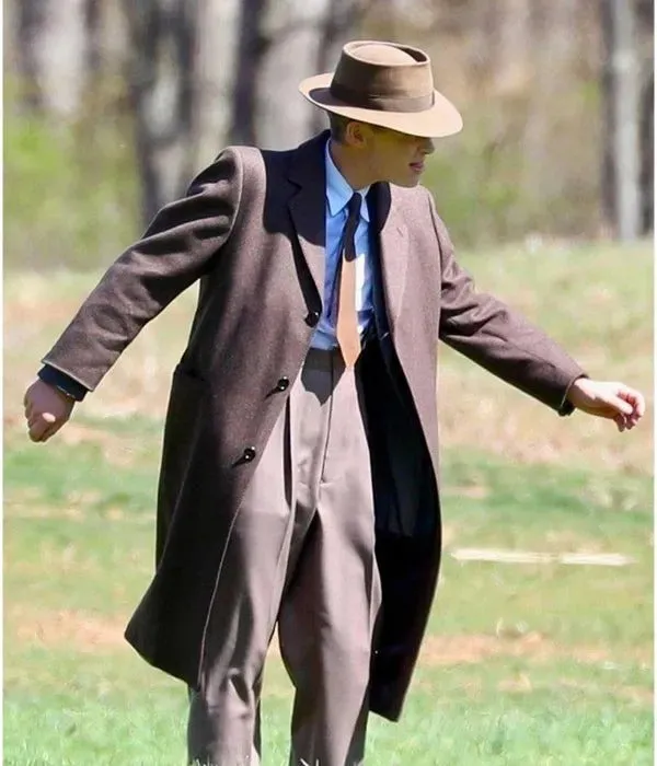 Oppenheimer Movie Brown Wool Coat worn by Cillian Murphy J. Robert