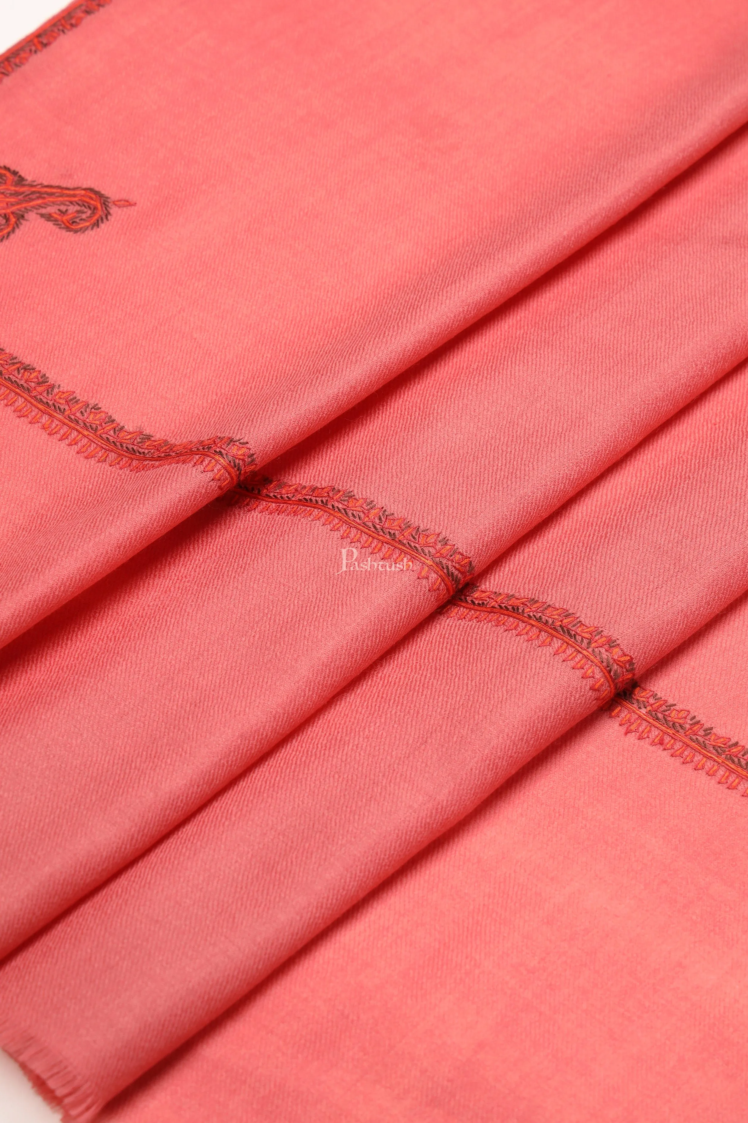Pashtush Womens Extra Fine Wool Stole, Kashmiri Hand Embroidery, Kingri Design, Pink