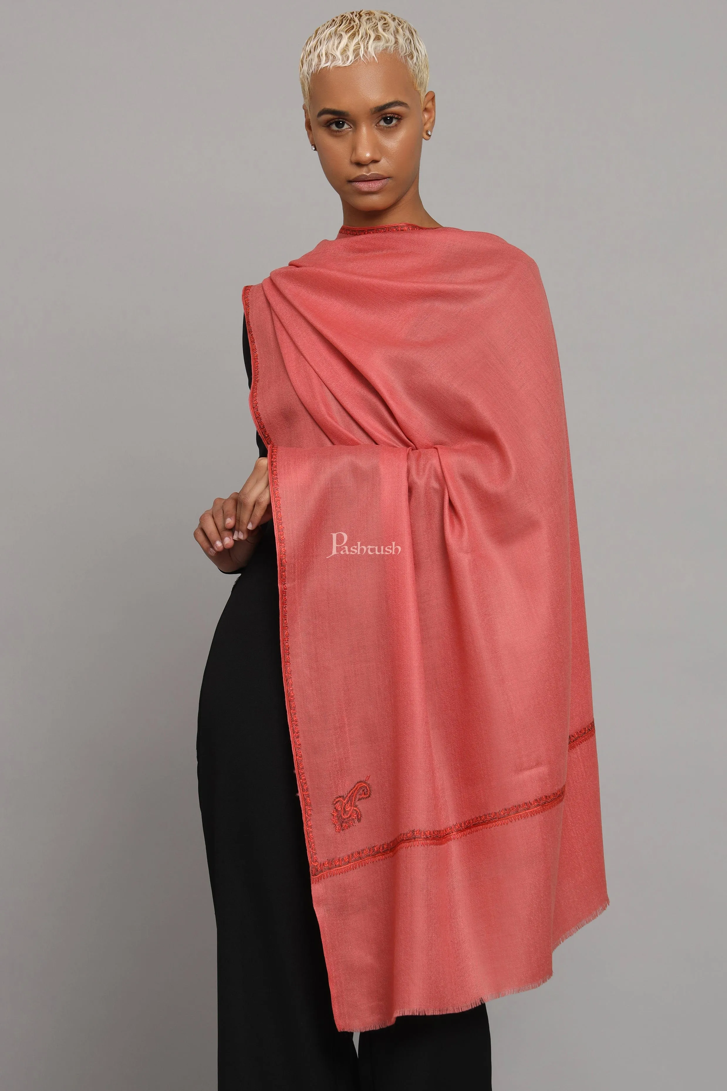 Pashtush Womens Extra Fine Wool Stole, Kashmiri Hand Embroidery, Kingri Design, Pink