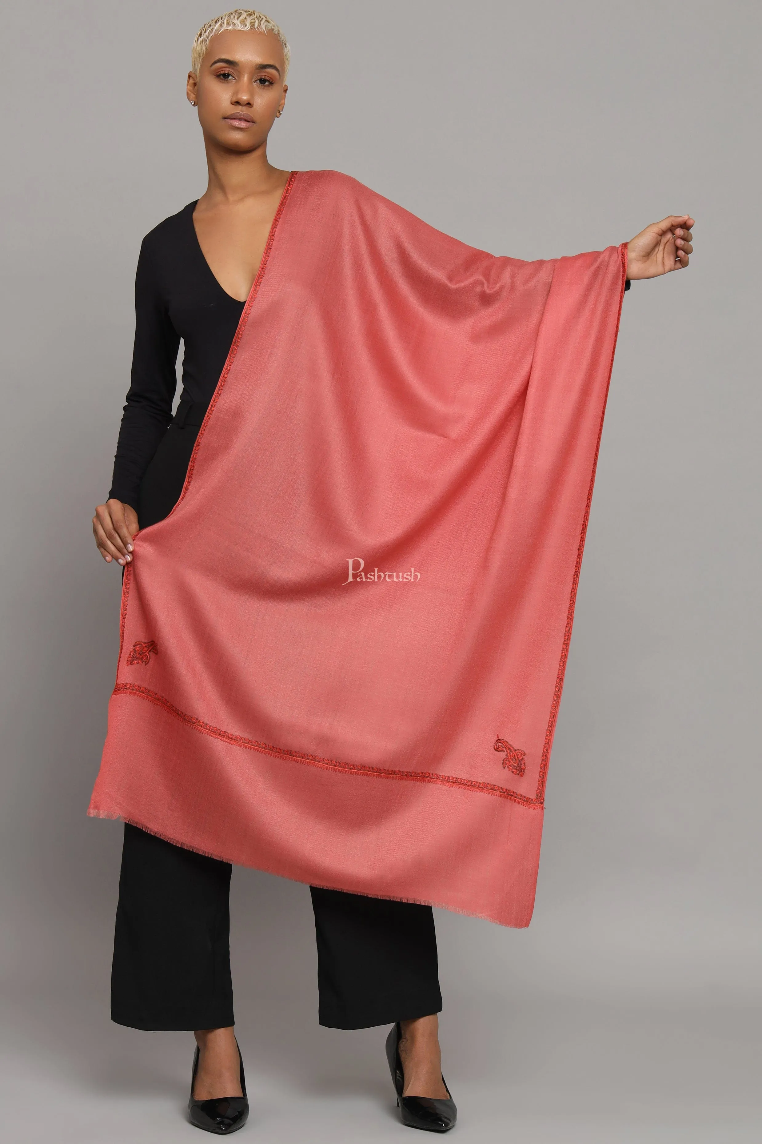 Pashtush Womens Extra Fine Wool Stole, Kashmiri Hand Embroidery, Kingri Design, Pink