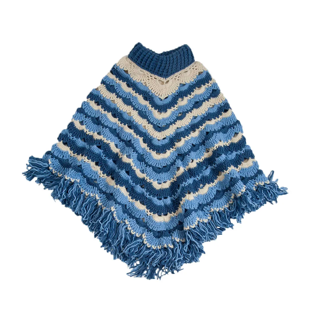 Poncho Round Neck - Crochet  -  Blue & White    |  For Women  |  100% Organic Wool