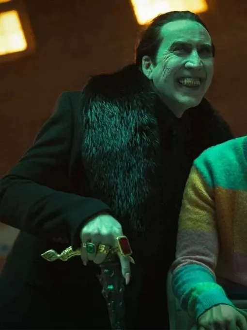 Renfield 2023 Nicolas Cage Black Fur Collar Mid Length Coat