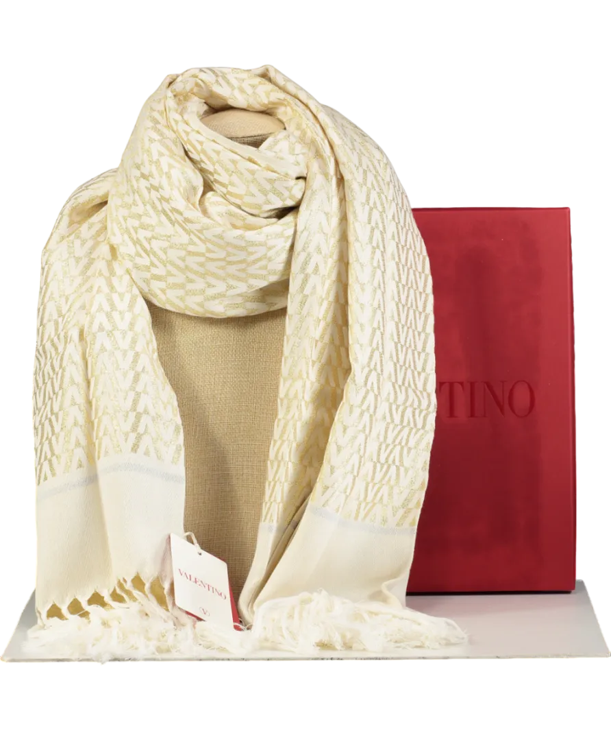 Valentino Garavani Metallic Gold / Ivory Fringed Logo Scarf In Box One Size