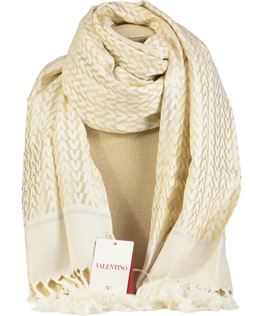 Valentino Garavani Metallic Gold / Ivory Fringed Logo Scarf In Box One Size