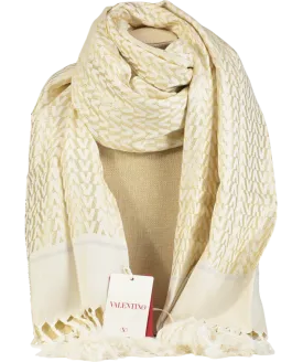 Valentino Garavani Metallic Gold / Ivory Fringed Logo Scarf In Box One Size