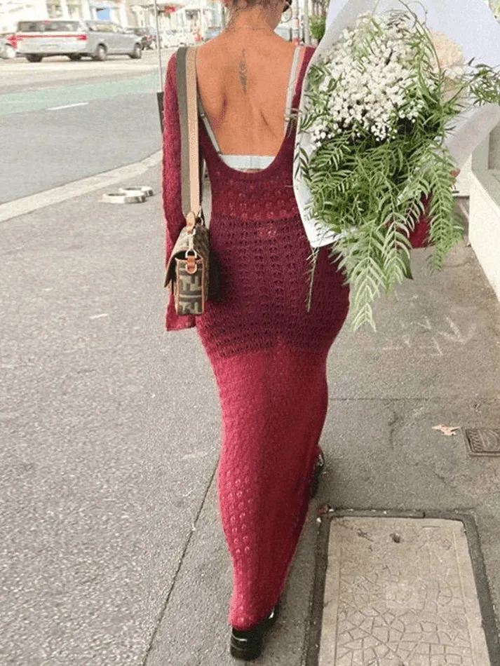 Wenkouban-nye outfits Crochet Hollow Backless Long Sleeve Cover Up Maxi Dress 2025 fashion trends y2k style party club outfits