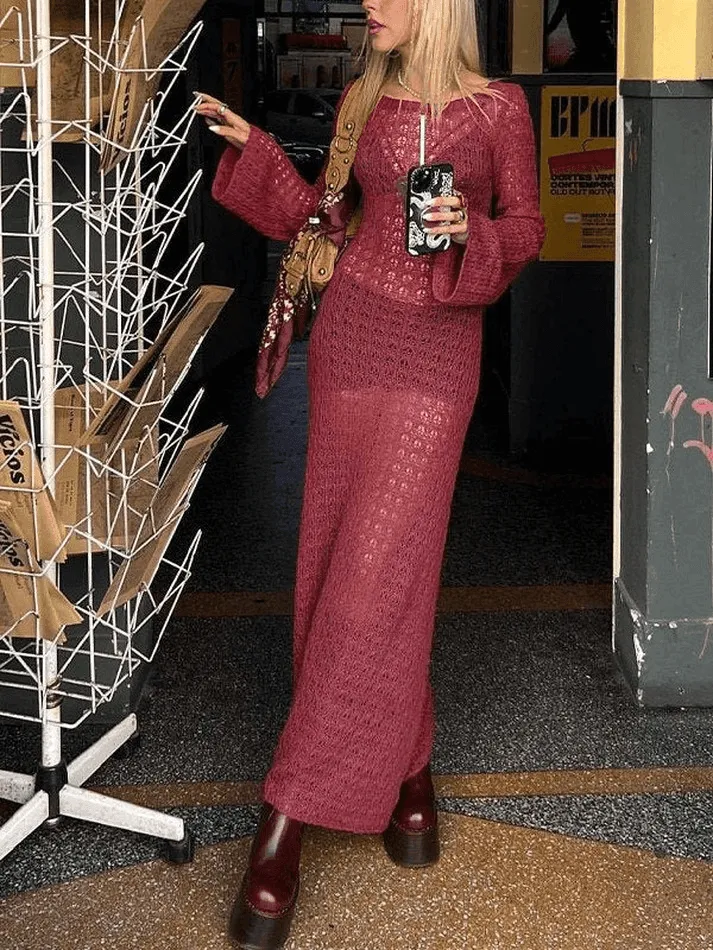 Wenkouban-nye outfits Crochet Hollow Backless Long Sleeve Cover Up Maxi Dress 2025 fashion trends y2k style party club outfits