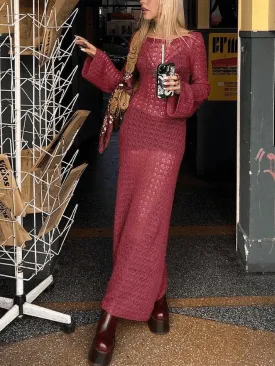 Wenkouban-nye outfits Crochet Hollow Backless Long Sleeve Cover Up Maxi Dress 2025 fashion trends y2k style party club outfits