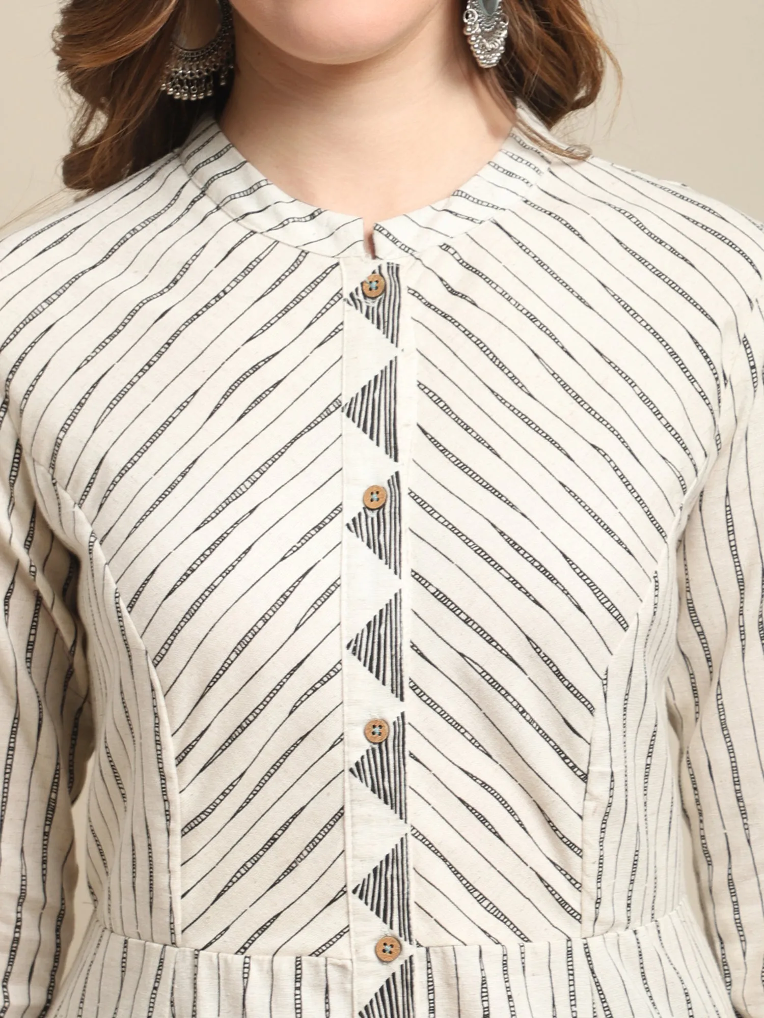 Women's Casual Band Collar Offwhite All over Printed Calf length Kurti