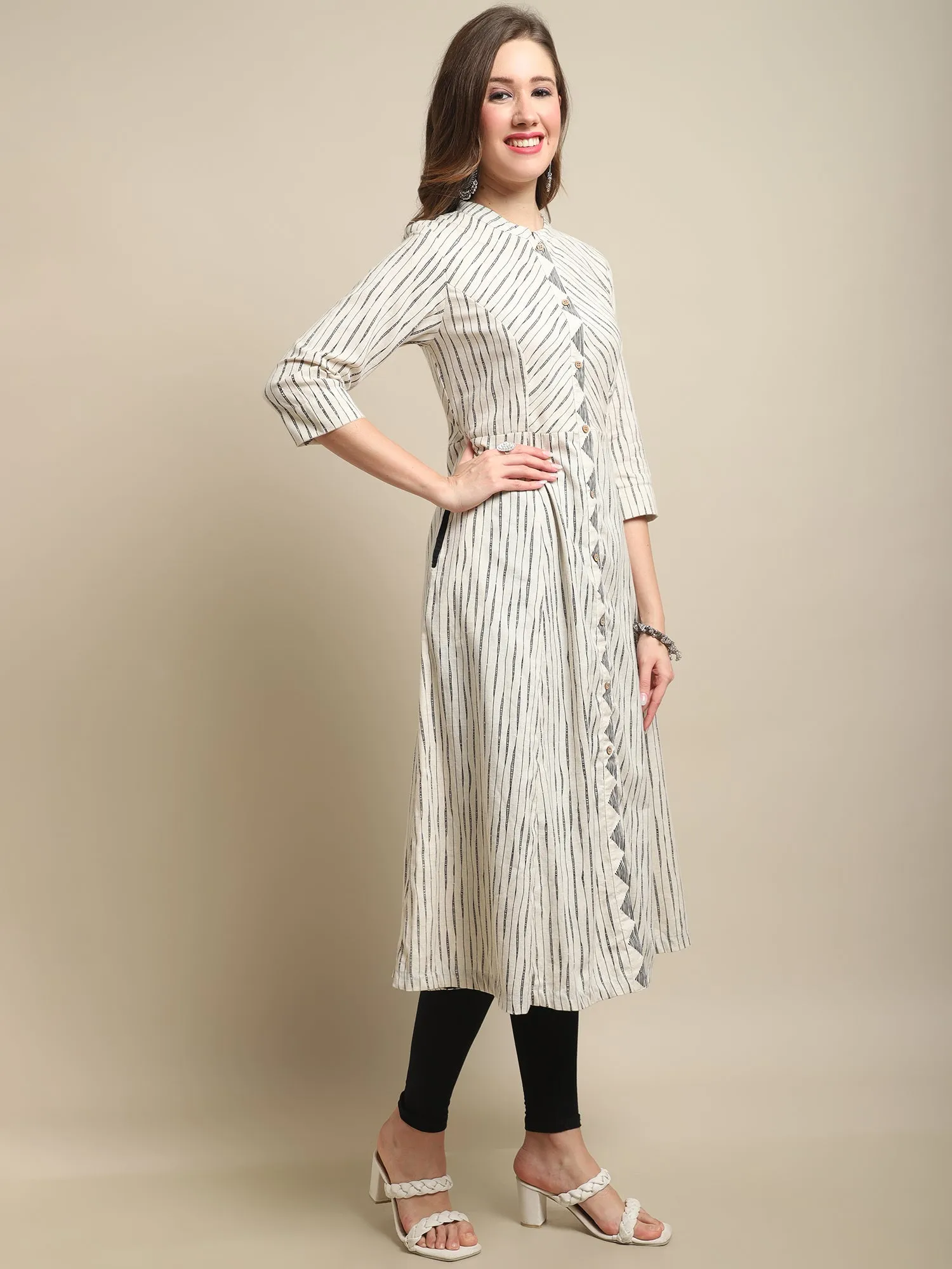 Women's Casual Band Collar Offwhite All over Printed Calf length Kurti