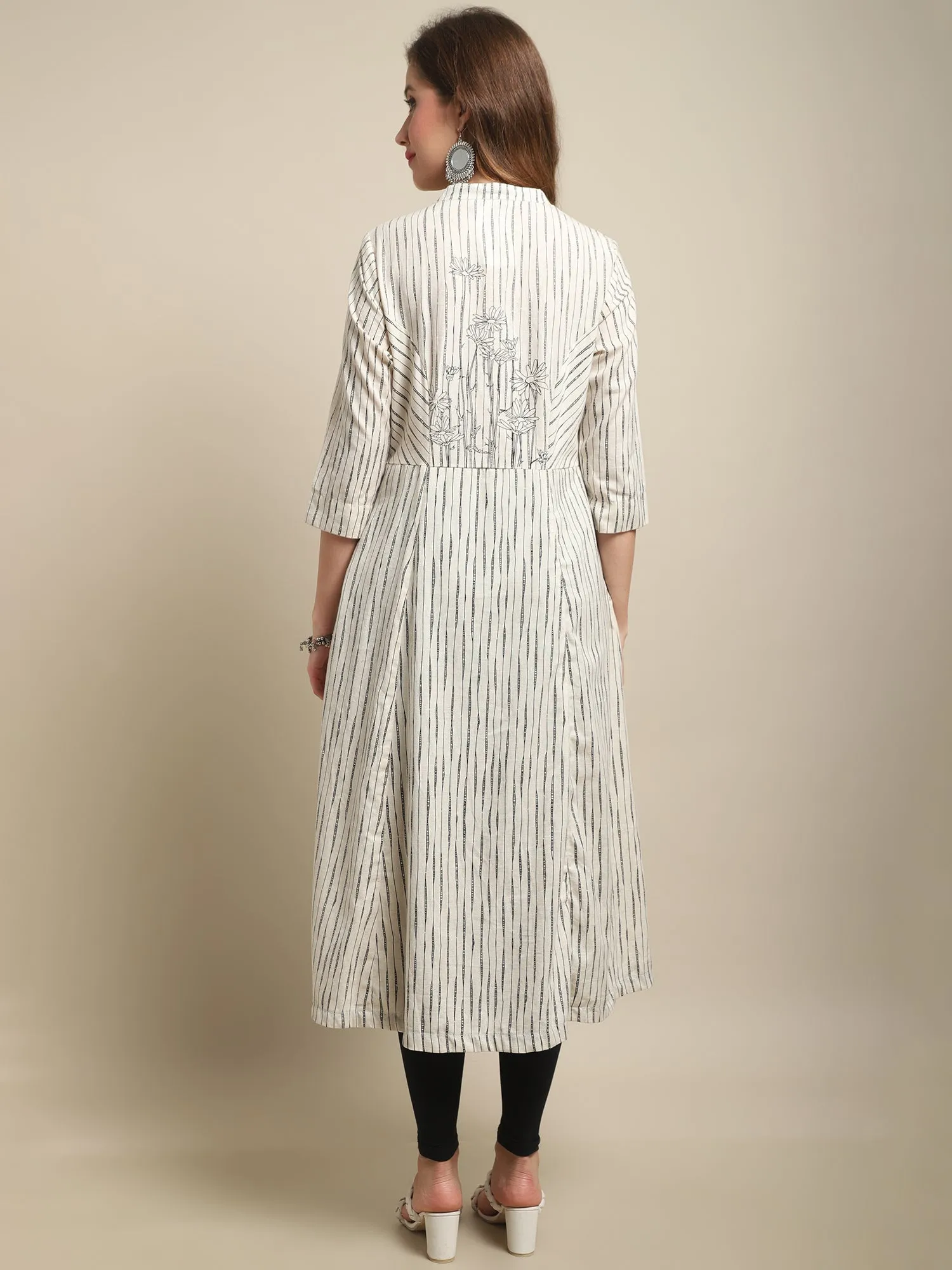 Women's Casual Band Collar Offwhite All over Printed Calf length Kurti