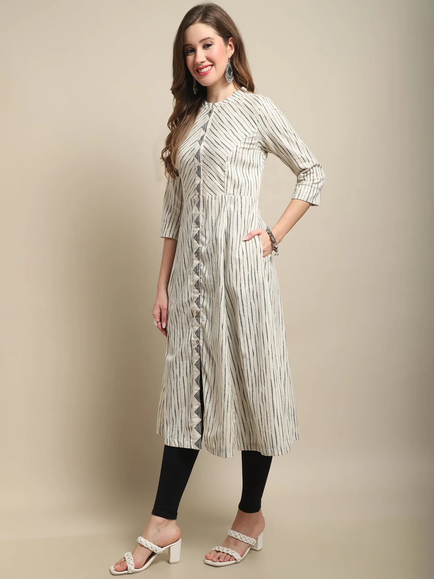 Women's Casual Band Collar Offwhite All over Printed Calf length Kurti