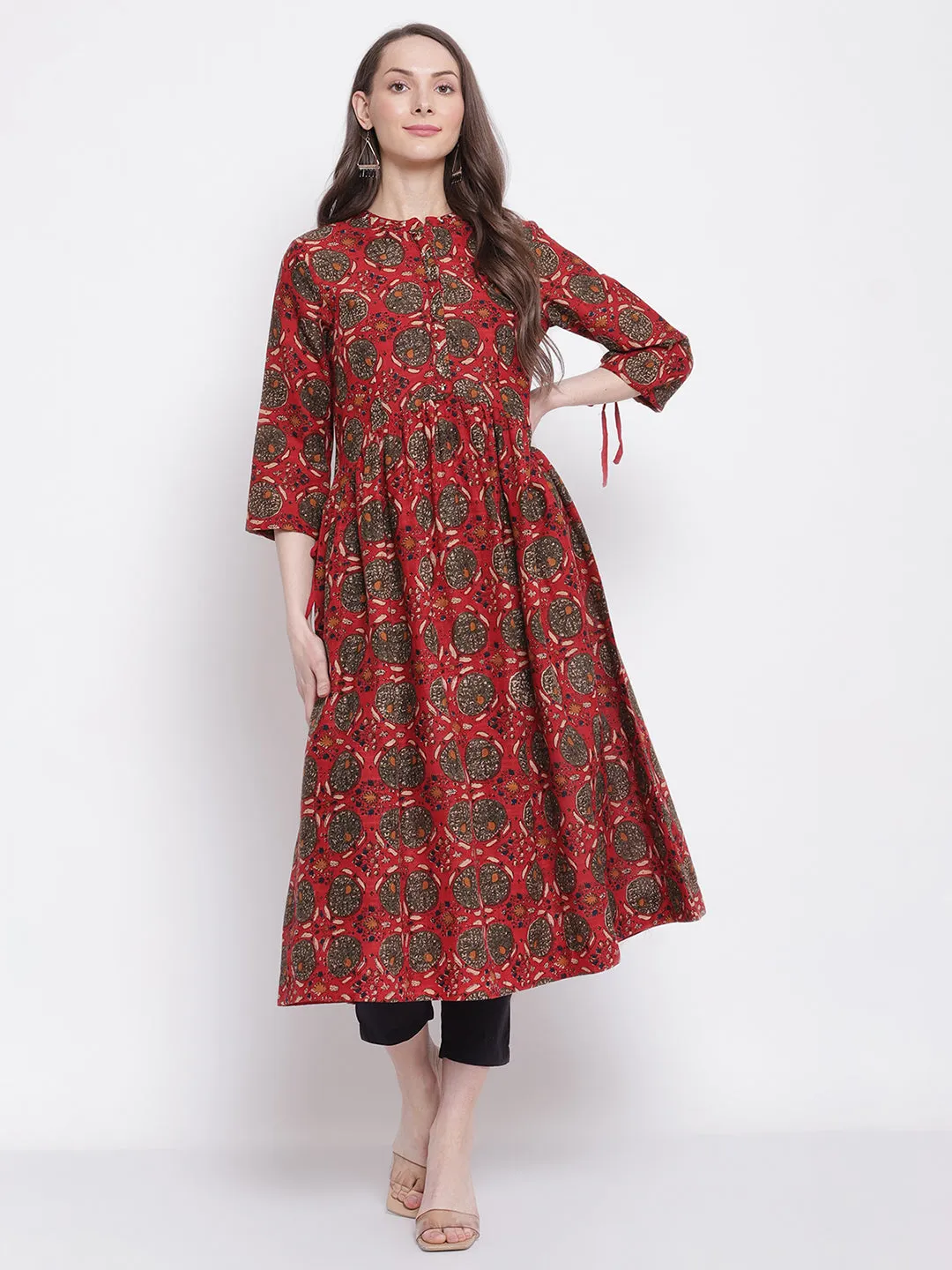 Women's Casual Band Collar Red All over Printed   Calf length Kurti