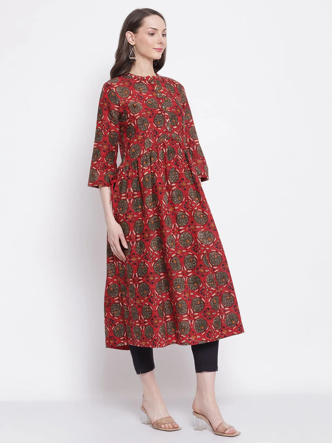 Women's Casual Band Collar Red All over Printed   Calf length Kurti