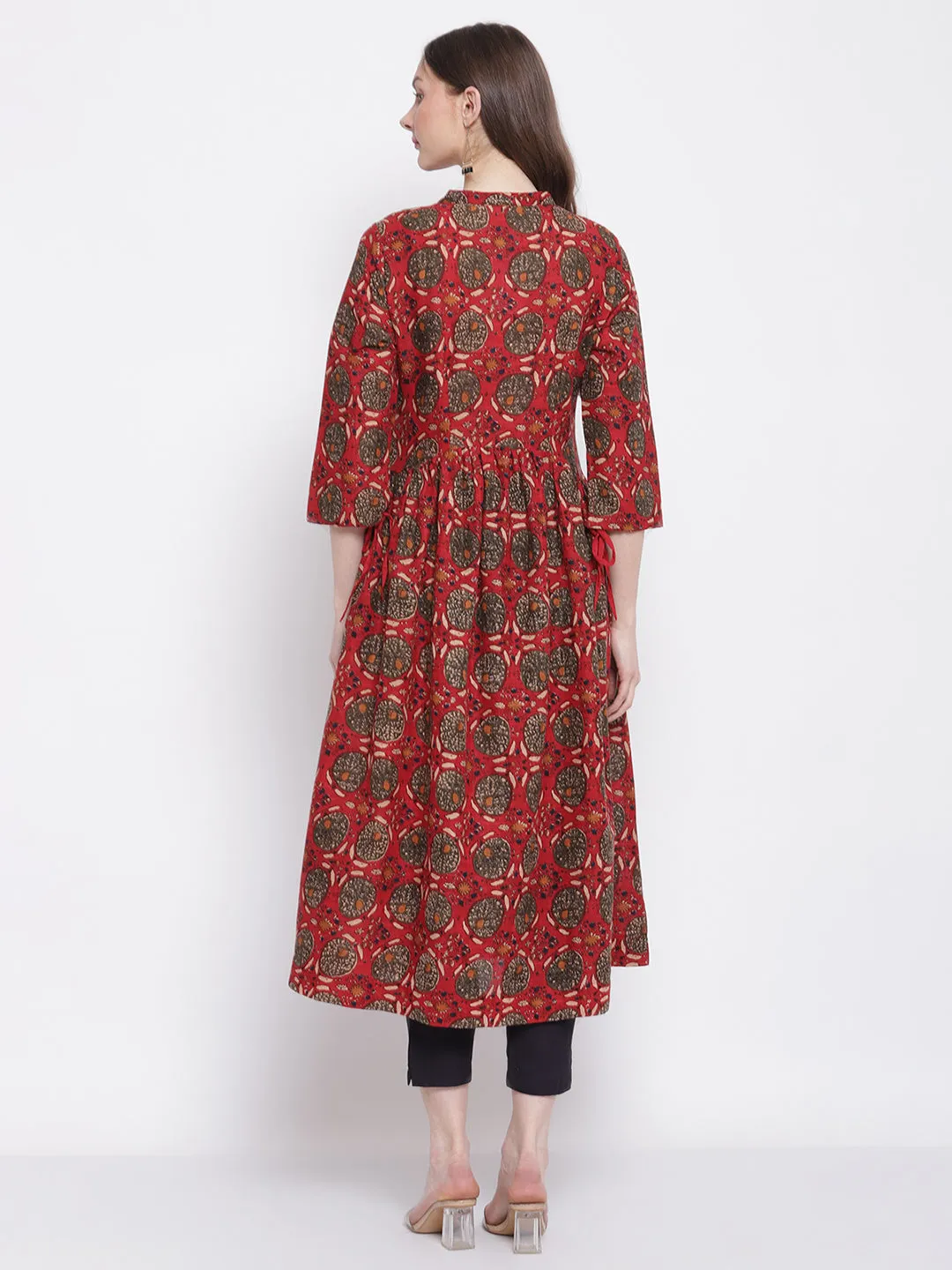 Women's Casual Band Collar Red All over Printed   Calf length Kurti
