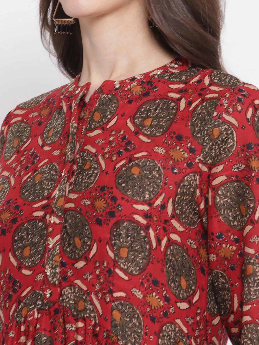 Women's Casual Band Collar Red All over Printed   Calf length Kurti
