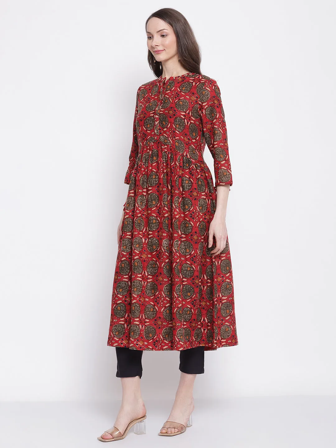 Women's Casual Band Collar Red All over Printed   Calf length Kurti