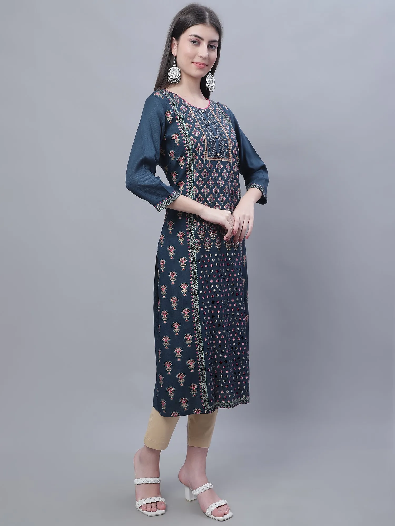 Women's Casual Round neck Teal All over Printed Calf length Kurti