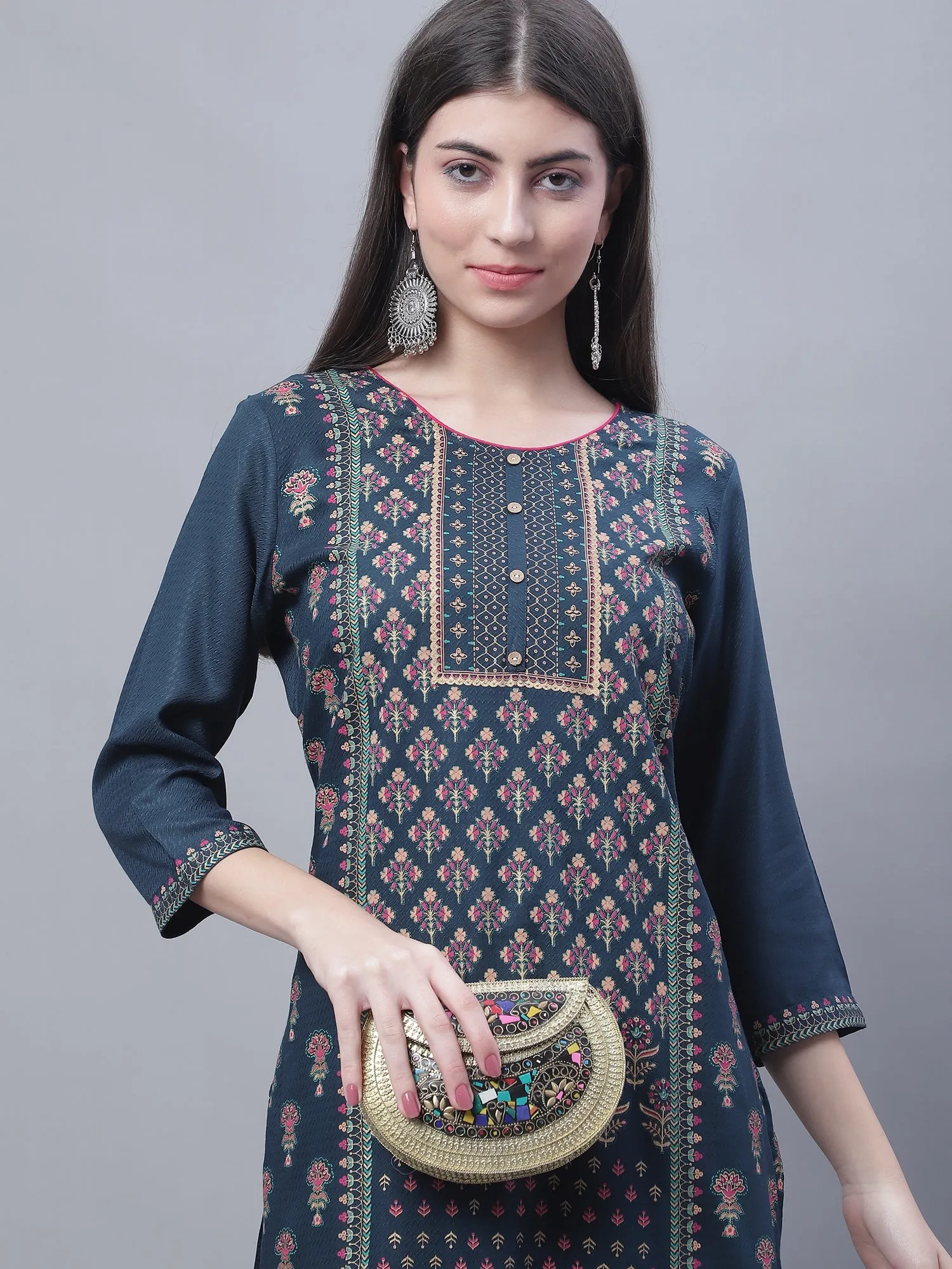Women's Casual Round neck Teal All over Printed Calf length Kurti