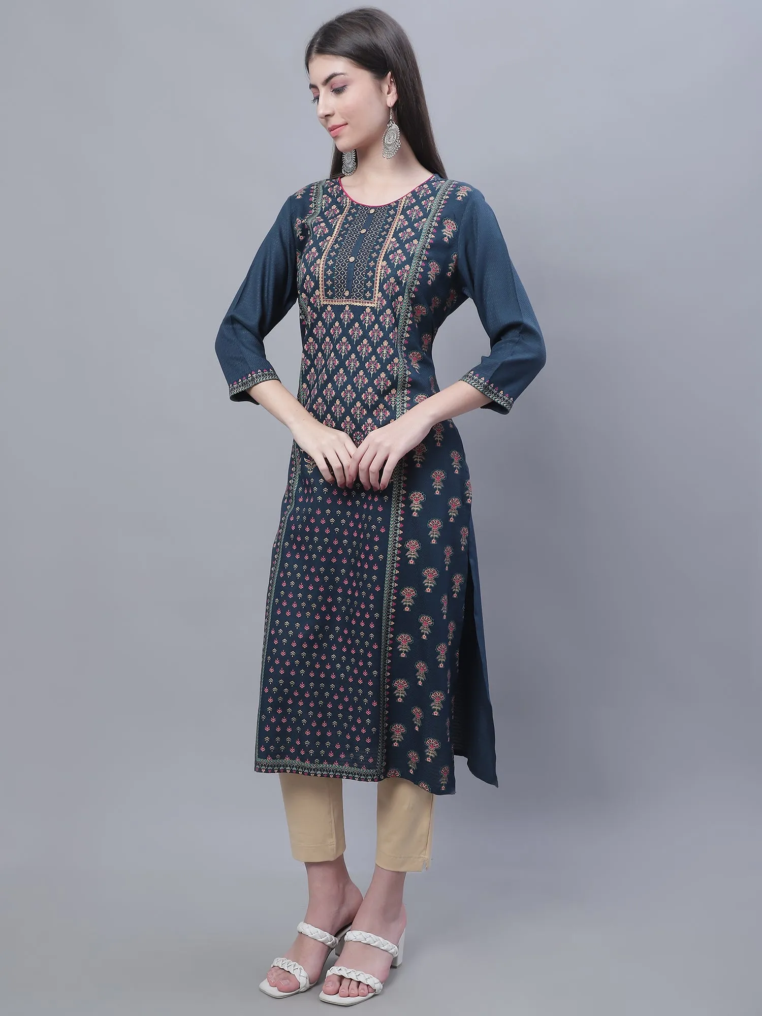 Women's Casual Round neck Teal All over Printed Calf length Kurti
