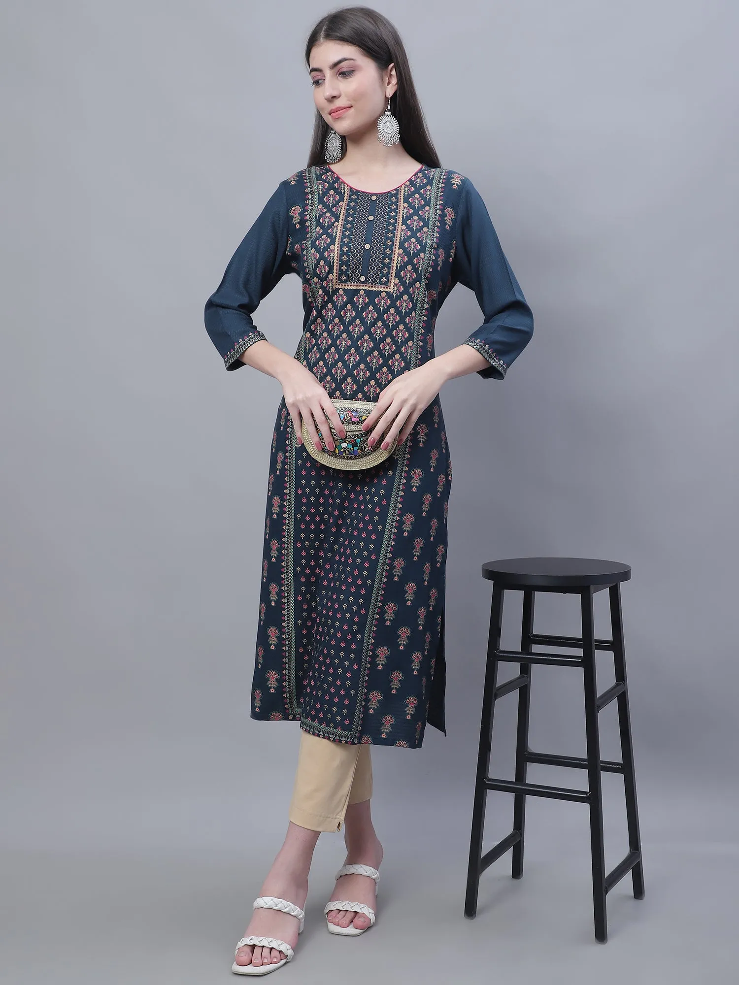 Women's Casual Round neck Teal All over Printed Calf length Kurti