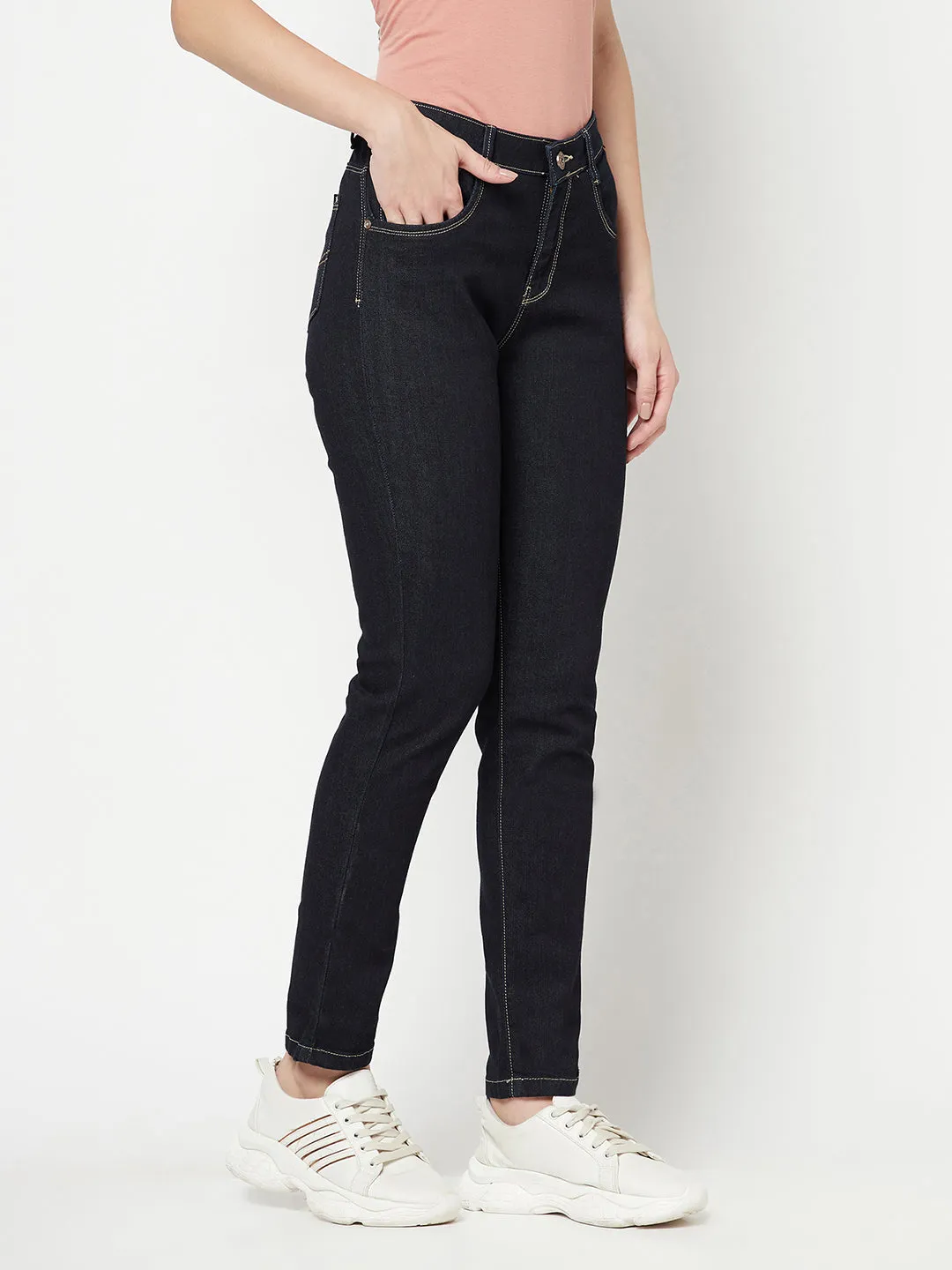 Women's Casual Skinny Fit Raw Denium Blue No Fade Mid rise Jeans