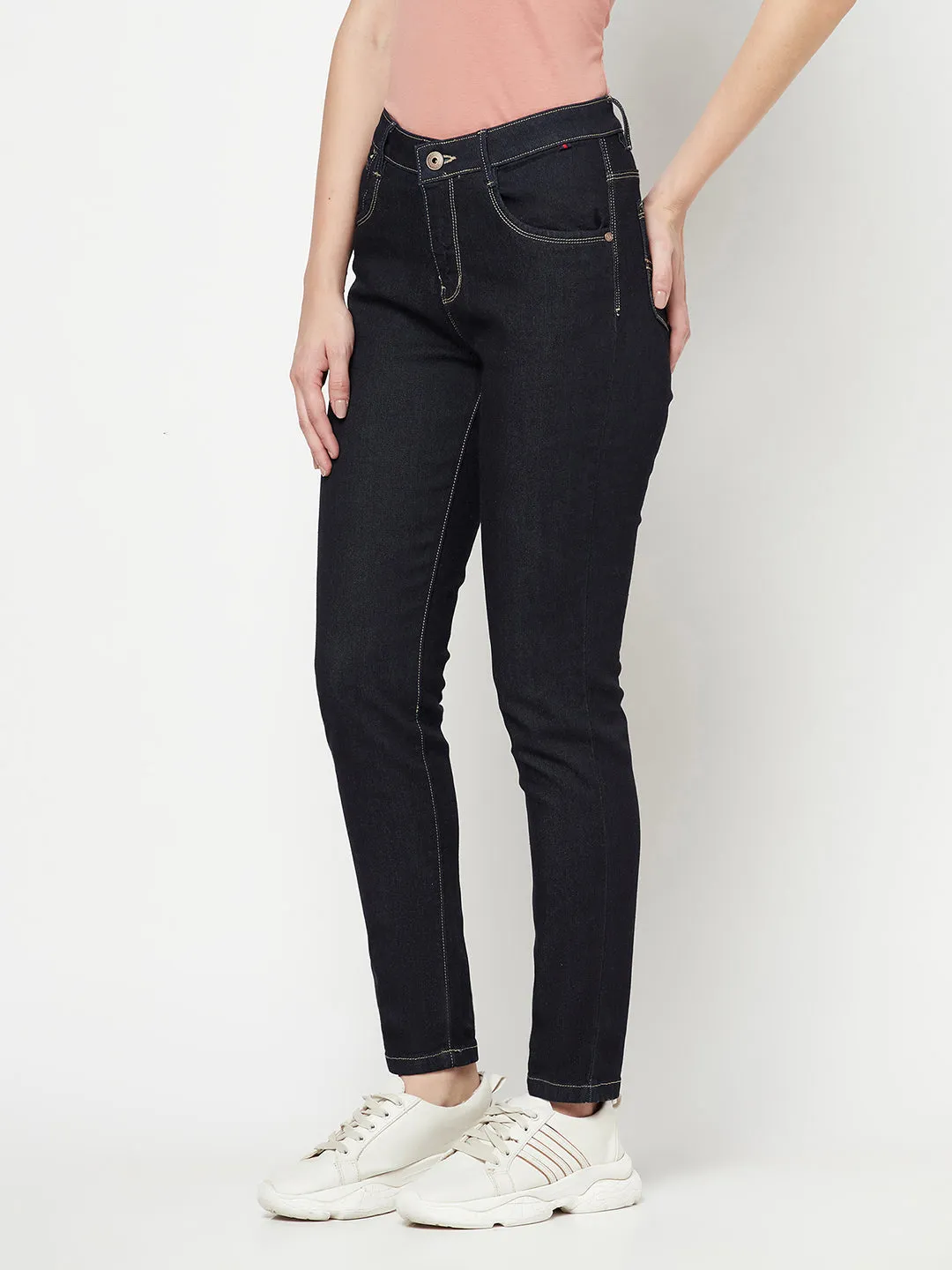 Women's Casual Skinny Fit Raw Denium Blue No Fade Mid rise Jeans
