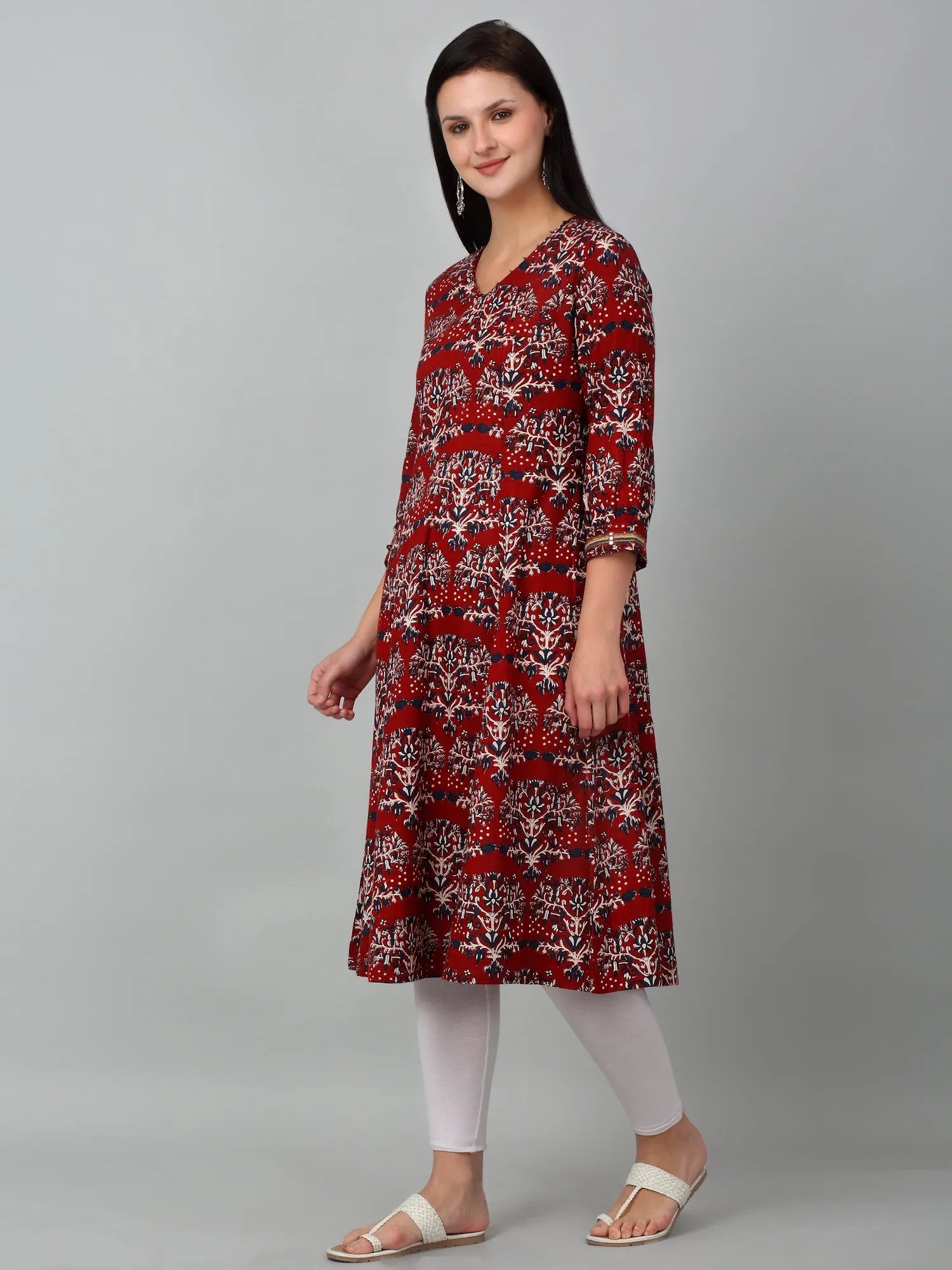 Women's Casual V Neck Maroon All Over Printed Knee Length Kurti