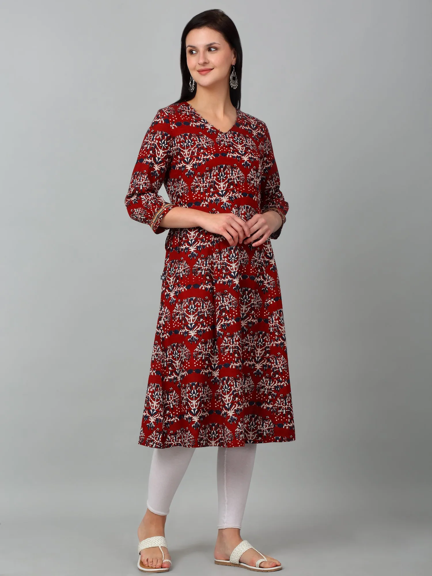Women's Casual V Neck Maroon All Over Printed Knee Length Kurti