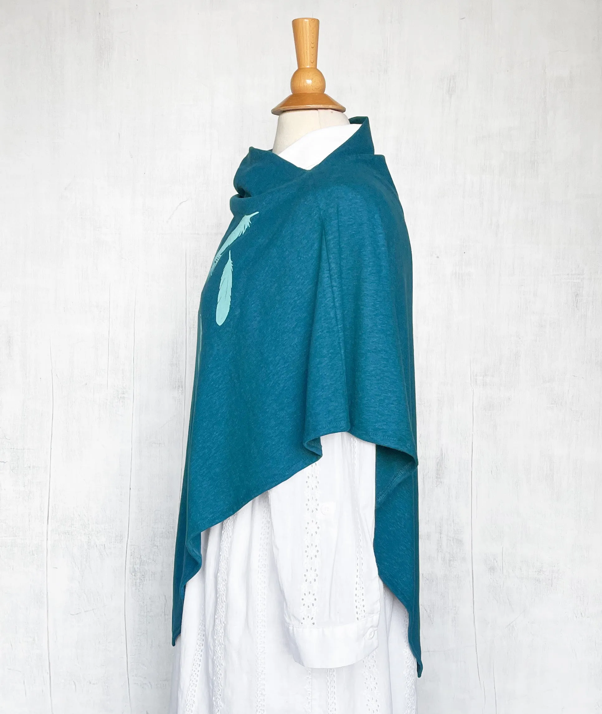 Women's Hemp / Organic Cotton Lightweight Poncho with Falling Feathers - Peacock Blue