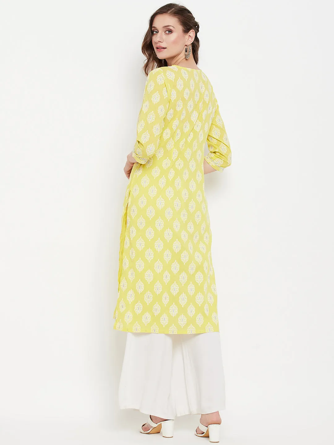 Women's Round Neck Green Printed Knee Length Kurti