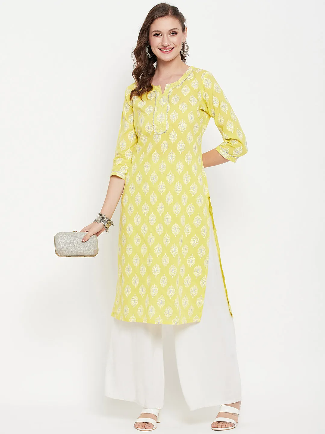 Women's Round Neck Green Printed Knee Length Kurti