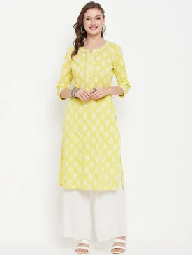 Women's Round Neck Green Printed Knee Length Kurti