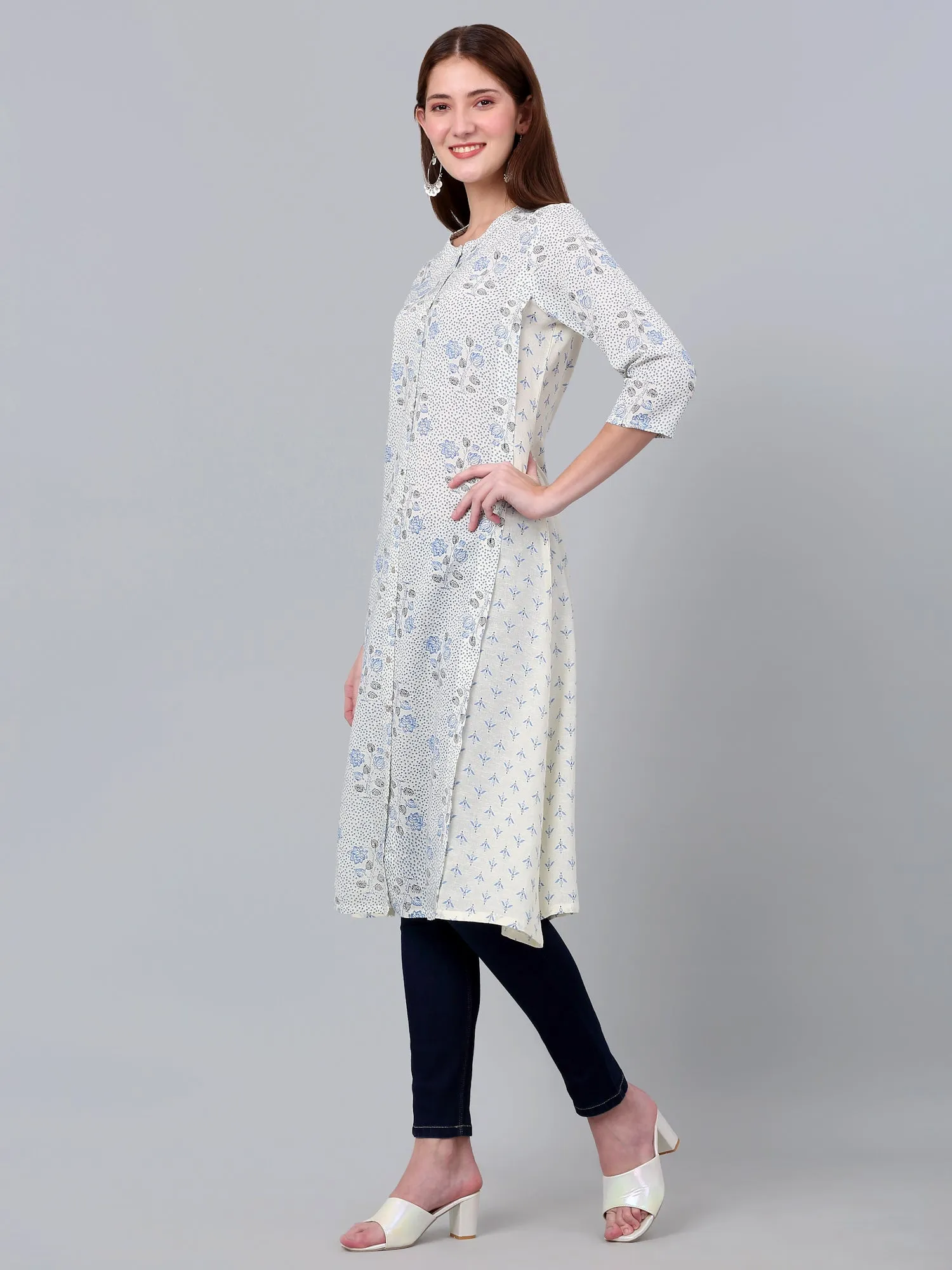 Women's White Floral Printed Three Quarter Sleeves Kurti