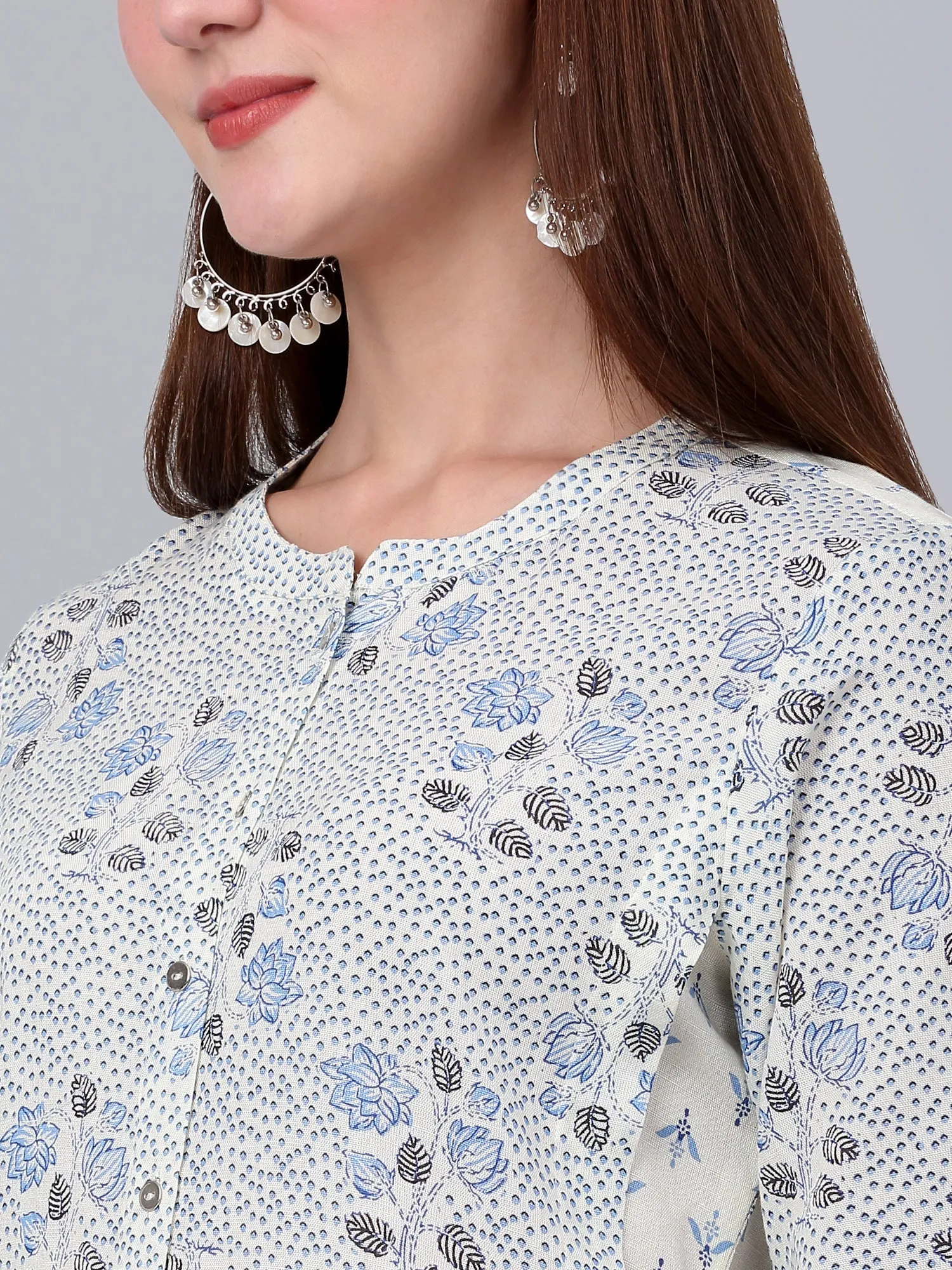 Women's White Floral Printed Three Quarter Sleeves Kurti